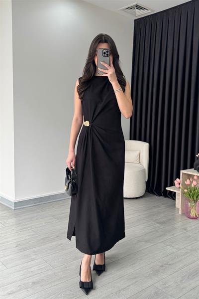 Daisy Toka Detay Drapeli Siyah Elbise