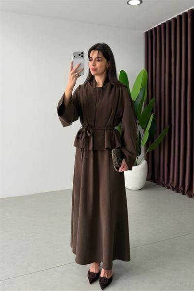 Dalie Kahve Kuşaklı Tensel Kimono Elbise Takım
