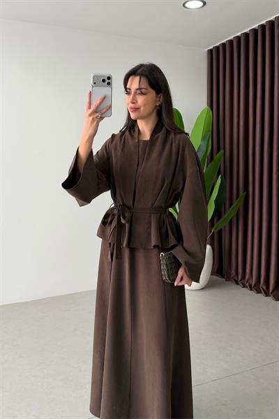 Dalie Kahve Kuşaklı Tensel Kimono Elbise Takım