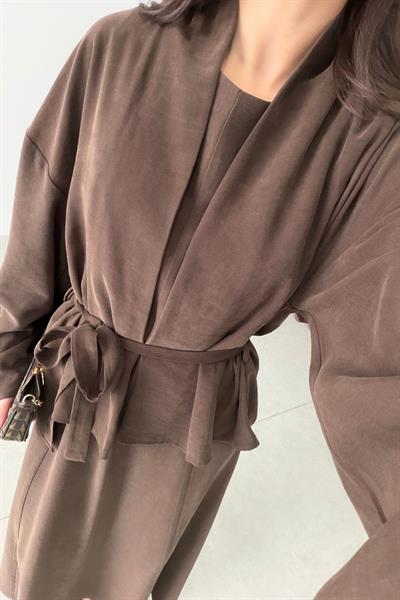 Dalie Kahve Kuşaklı Tensel Kimono Elbise Takım
