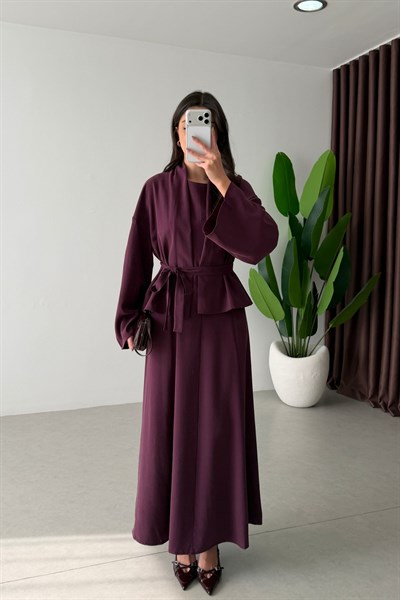 Dalie Mürdüm Kuşaklı Tensel Kimono Elbise Takım