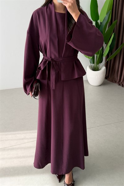 Dalie Mürdüm Kuşaklı Tensel Kimono Elbise Takım