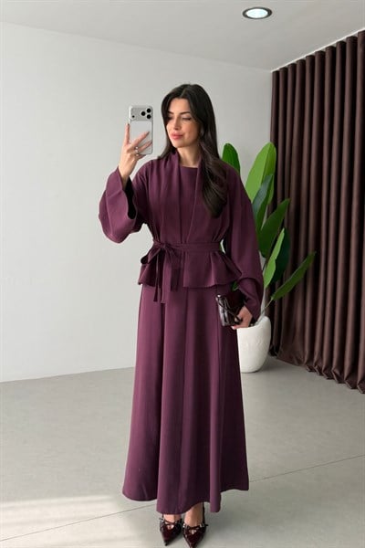 Dalie Mürdüm Kuşaklı Tensel Kimono Elbise Takım