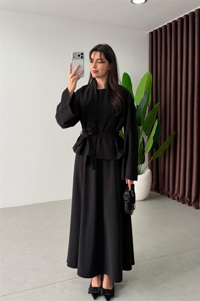 Dalie Siyah Kuşaklı Tensel Kimono Elbise Takım