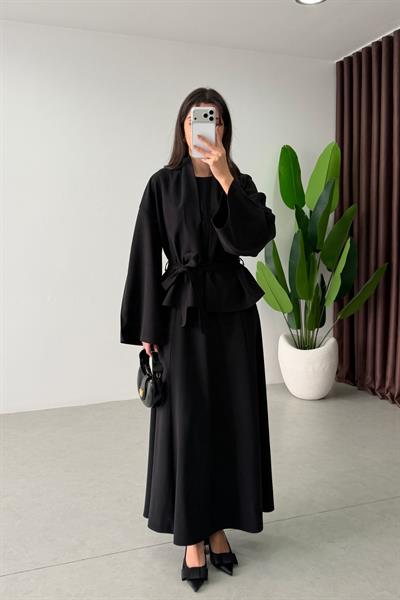Dalie Siyah Kuşaklı Tensel Kimono Elbise Takım