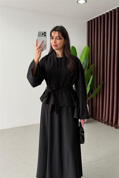 Dalie Siyah Kuşaklı Tensel Kimono Elbise Takım