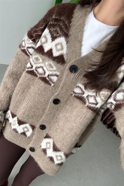 Decona Kahve Desenli Oversize Hırka