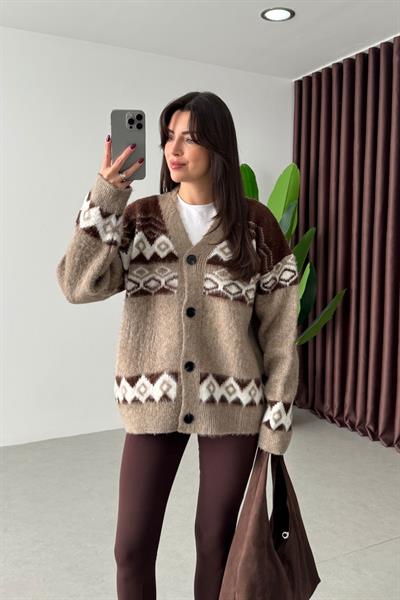 Decona Kahve Desenli Oversize Hırka