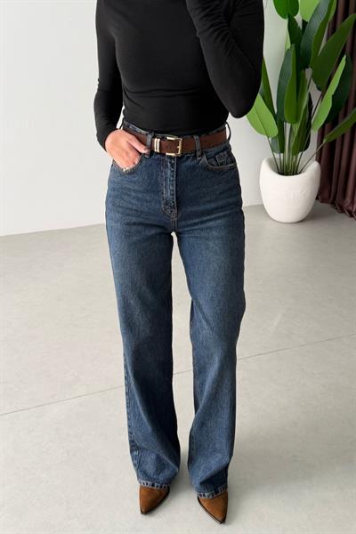 Dena Koyu Mavi Kemerli Wide Leg Jean