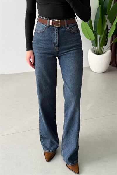 Dena Koyu Mavi Kemerli Wide Leg Jean