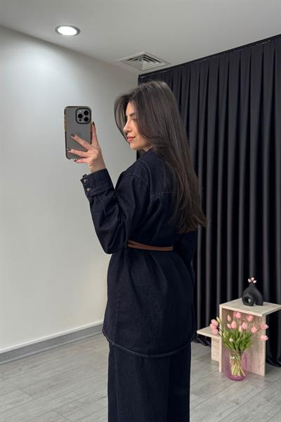 Çift Kemerli Denim Gömlek Pantolon Takım