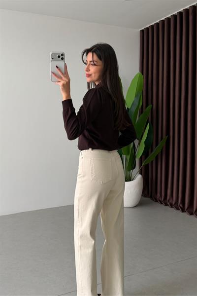 Desin Ekru Kesik Paça Straight Fit Kemerli Jean