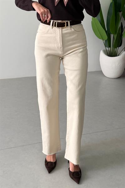 Desin Ekru Kesik Paça Straight Fit Kemerli Jean