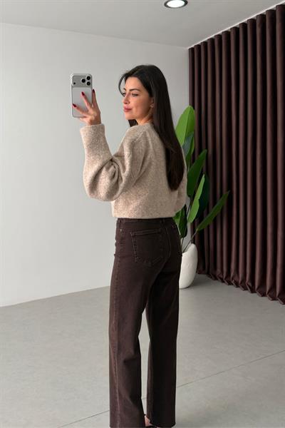 Desin Kahve Kesik Paça Straight Fit Kemerli Jean