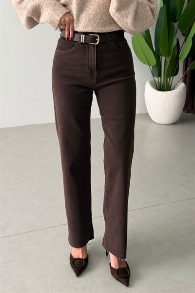 Desin Kahve Kesik Paça Straight Fit Kemerli Jean