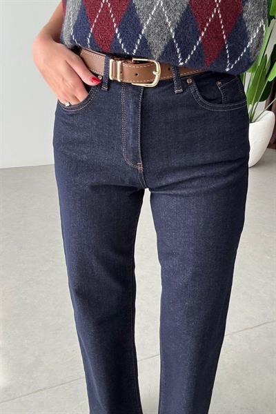 Desin Lacivert Kesik Paça Straight Fit Kemerli Jean