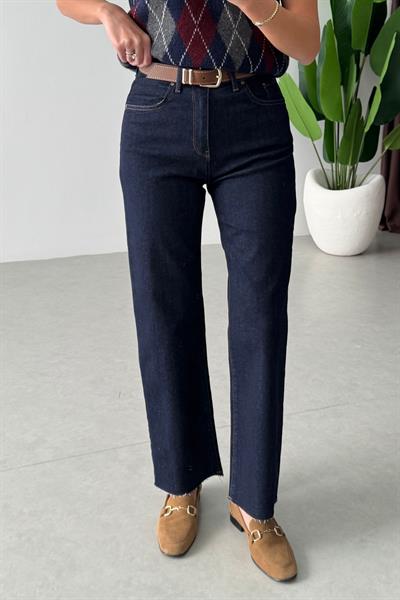Desin Lacivert Kesik Paça Straight Fit Kemerli Jean