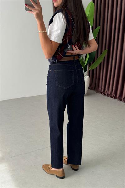 Desin Lacivert Kesik Paça Straight Fit Kemerli Jean