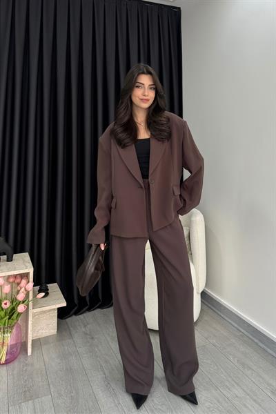 Dina Premium Kahve Krep Kumaş Blazer Ceket