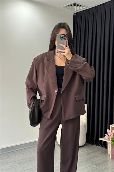 Dina Premium Kahve Krep Kumaş Blazer Ceket