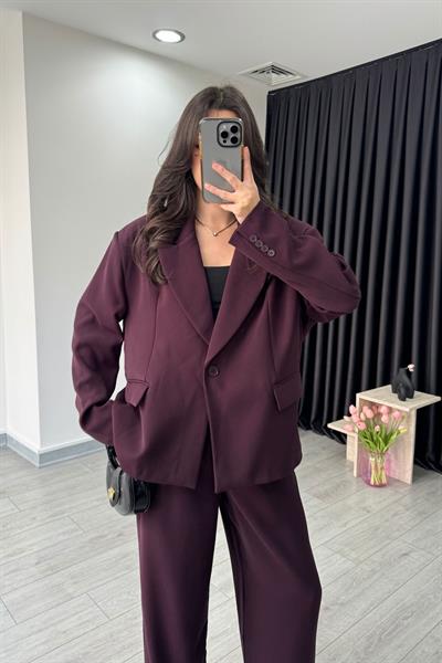 Dina Premium Mürdüm Krep Kumaş Blazer Ceket