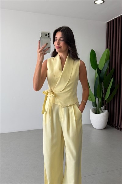 Donna Sarı Keten Yelek Pantolon Takım