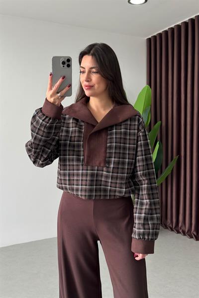 Dora Kahve Kadife Yaka Ekoseli Sweatshirt