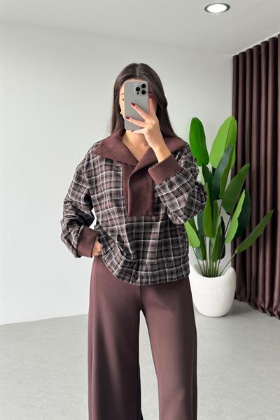 Dora Kahve Kadife Yaka Ekoseli Sweatshirt