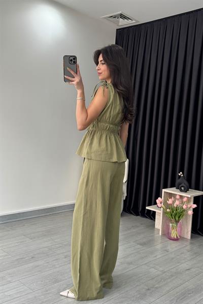 Elina Keten Dokulu Haki Bluz Pantolon Takım