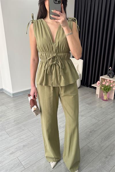 Elina Keten Dokulu Haki Bluz Pantolon Takım