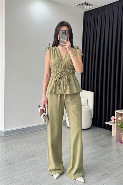 Elina Keten Dokulu Haki Bluz Pantolon Takım