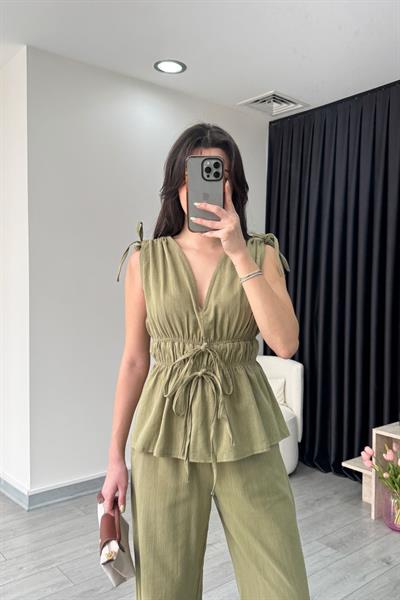 Elina Keten Dokulu Haki Bluz Pantolon Takım