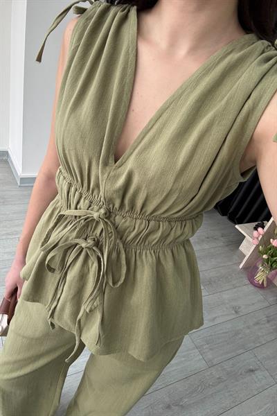 Elina Keten Dokulu Haki Bluz Pantolon Takım