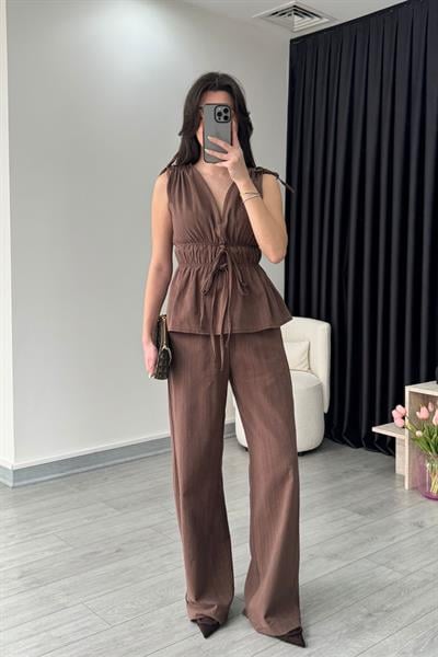 Elina Keten Dokulu Kahve Bluz Pantolon Takım