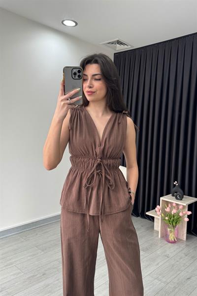 Elina Keten Dokulu Kahve Bluz Pantolon Takım
