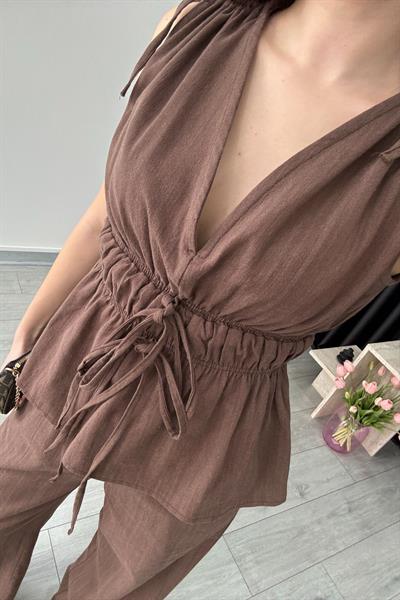 Elina Keten Dokulu Kahve Bluz Pantolon Takım