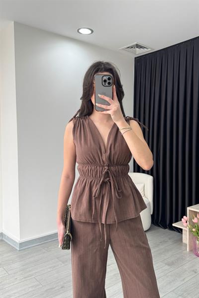 Elina Keten Dokulu Kahve Bluz Pantolon Takım