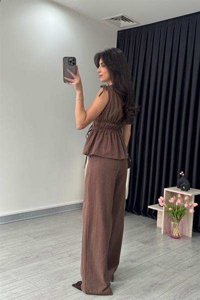 Elina Keten Dokulu Kahve Bluz Pantolon Takım