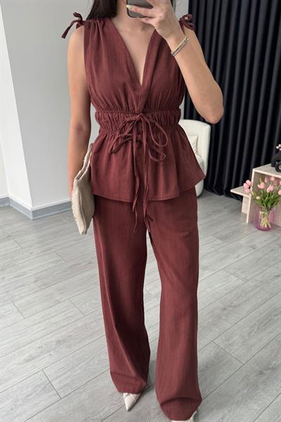 Elina Keten Dokulu Kiremit Bluz Pantolon Takım