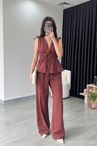 Elina Keten Dokulu Kiremit Bluz Pantolon Takım
