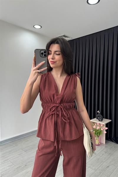 Elina Keten Dokulu Kiremit Bluz Pantolon Takım