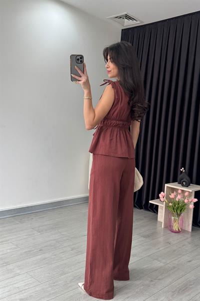 Elina Keten Dokulu Kiremit Bluz Pantolon Takım