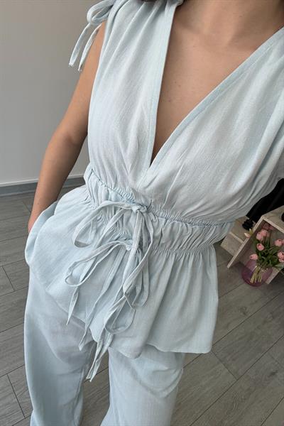 Elina Keten Dokulu Mavi Bluz Pantolon Takım