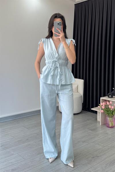 Elina Keten Dokulu Mavi Bluz Pantolon Takım