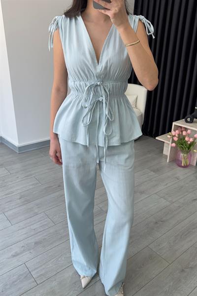 Elina Keten Dokulu Mavi Bluz Pantolon Takım