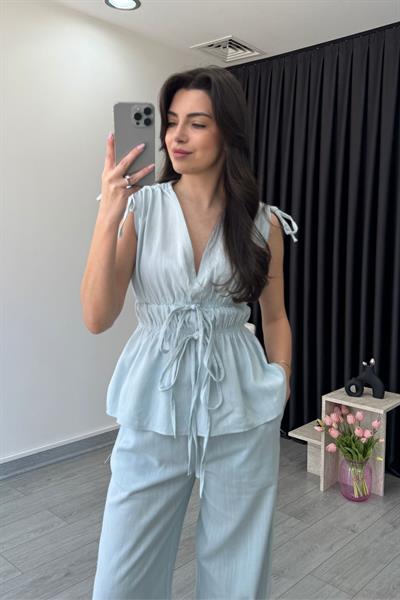 Elina Keten Dokulu Mavi Bluz Pantolon Takım