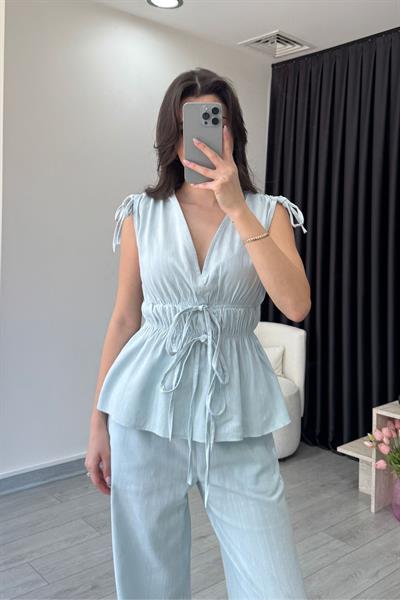 Elina Keten Dokulu Mavi Bluz Pantolon Takım