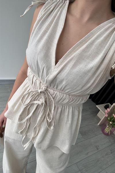 Elina Keten Dokulu Natural Bluz Pantolon Takım