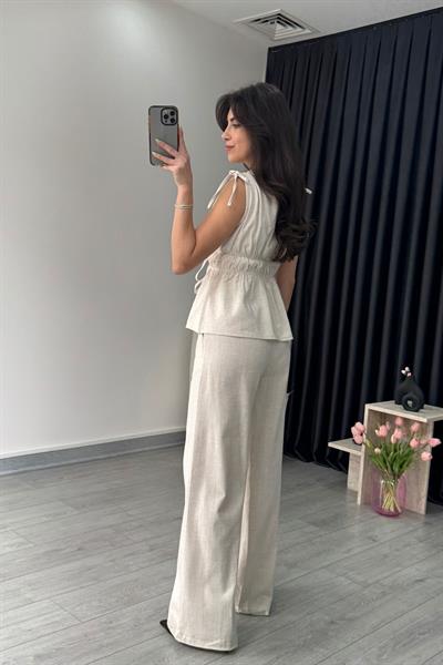 Elina Keten Dokulu Natural Bluz Pantolon Takım