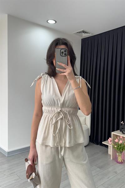 Elina Keten Dokulu Natural Bluz Pantolon Takım